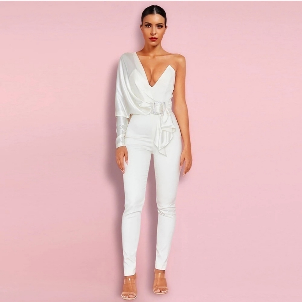 House of cb "willow" ivory rhinestone buckle jumpsuit
